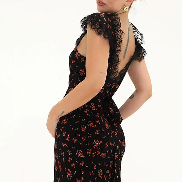 Rumored Black Floral Lace Evening Maxi Dress Small Frontier Spanish Poppy Party - Picture 3 of 5